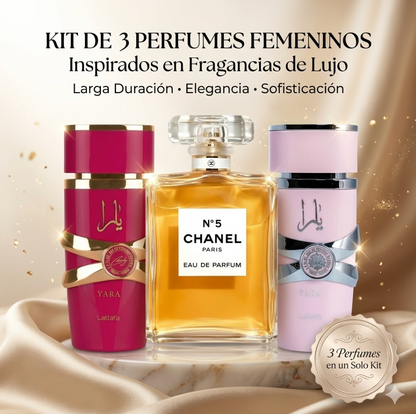 Kit 3 perfumes de lujo para mujer: Yara Candy + Hot pink + Channel 5