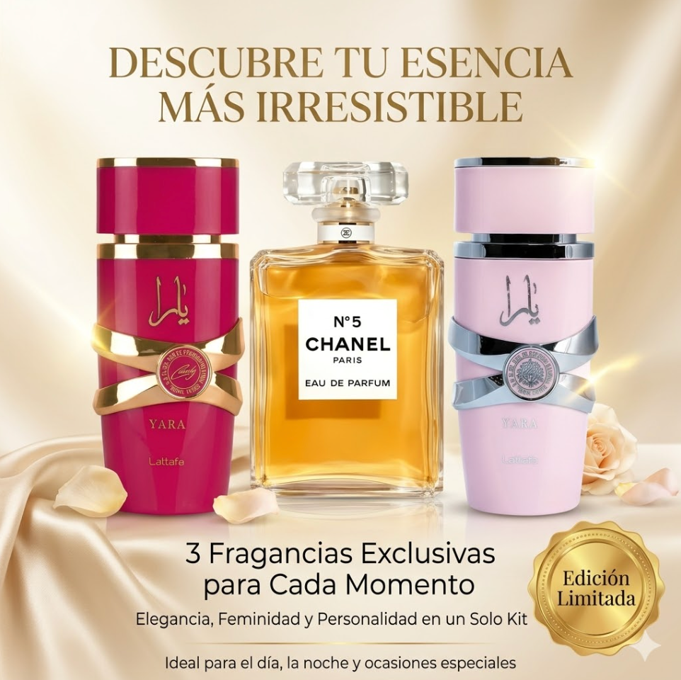 Kit 3 perfumes de lujo para mujer: Yara Candy + Hot pink + Channel 5